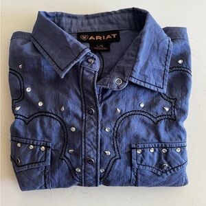Ariat Womens Western Blue Embordered Rhinestone Embellished Button Up Shirt L